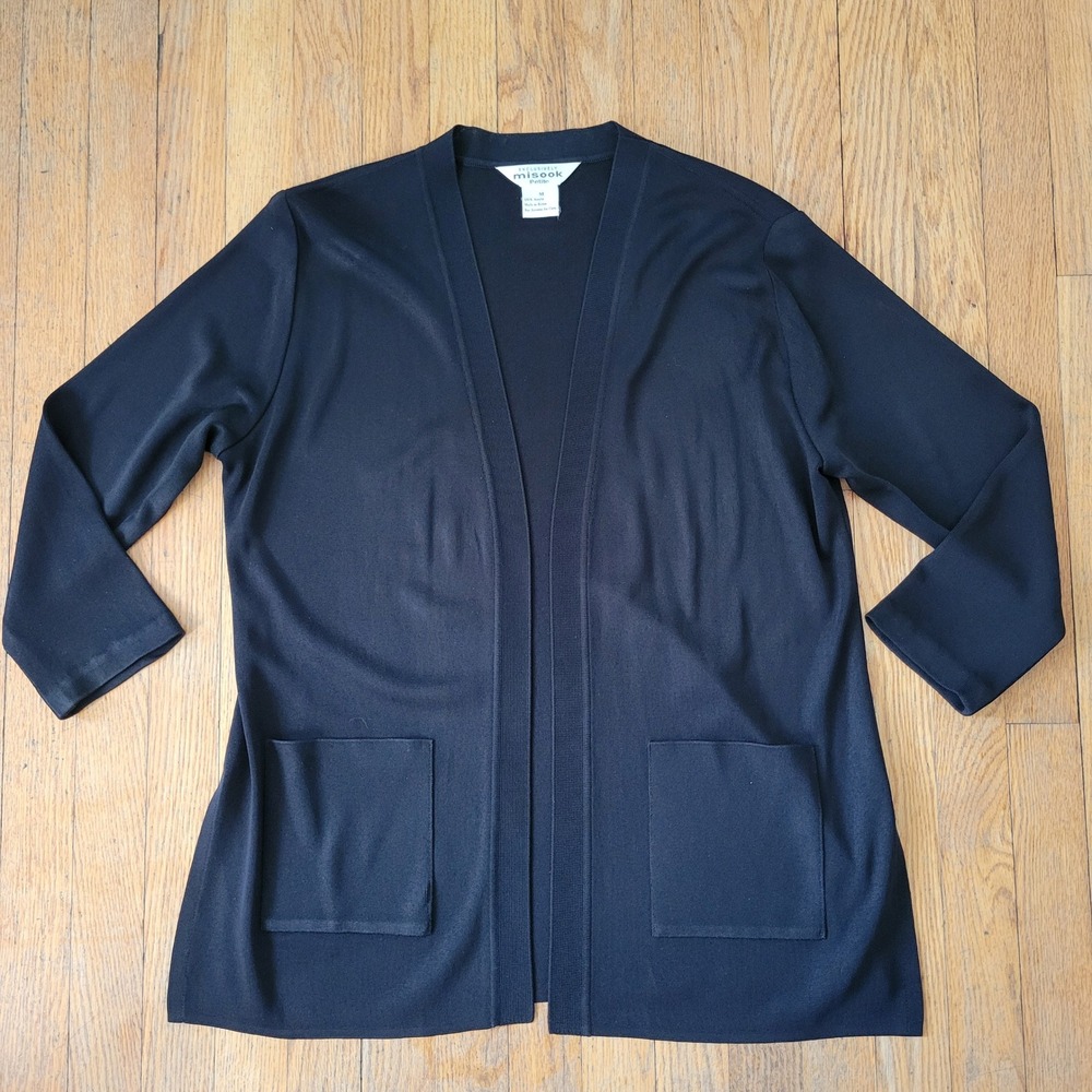 Exclusively Misook MP Cardigan Black Open Front Knit Pockets Jacket Liquid Knit